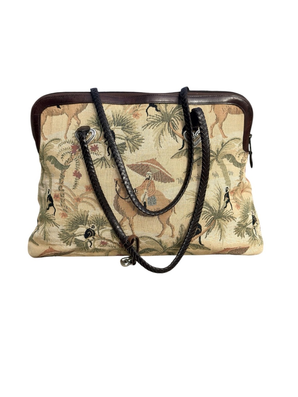 Brighton Tapestry Camel Safari Shoulder Tote Bag Brown Leather Braided Handles